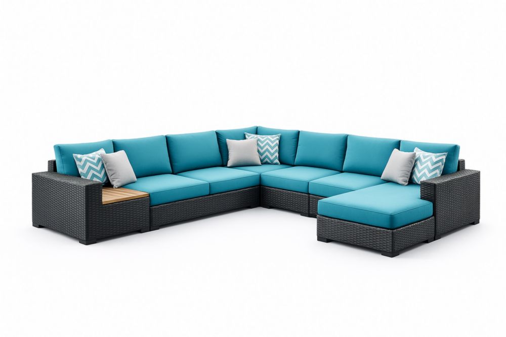 Divano angolare modulare da esterno in rattan e cuscini blu-Nesthavenx