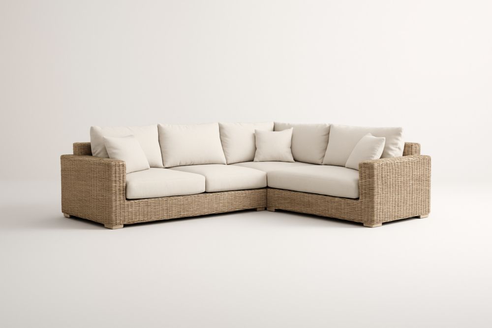 Divano angolare da giardino a 4 posti in rattan sintetico con cuscini in poliestere color crema-Nesthavenx