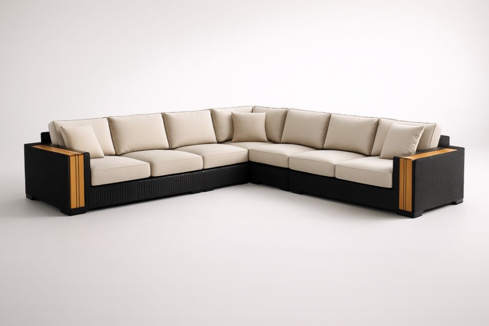 Divano angolare da giardino in rattan e legno massello con cuscini color crema-Nesthavenx