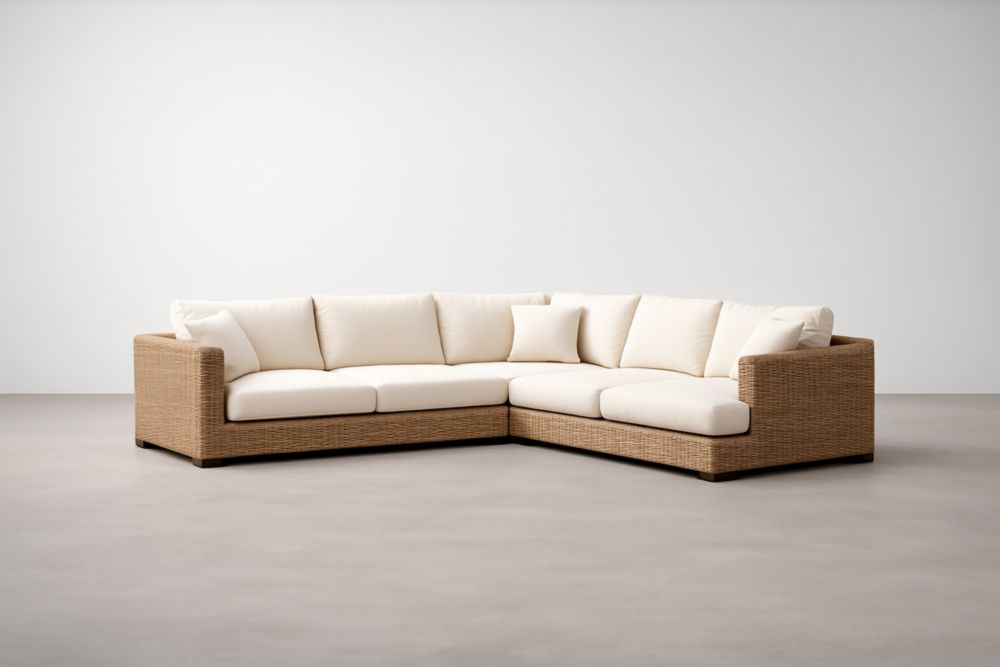 Divano angolare da giardino in rattan sintetico con cuscini color crema-Nesthavenx