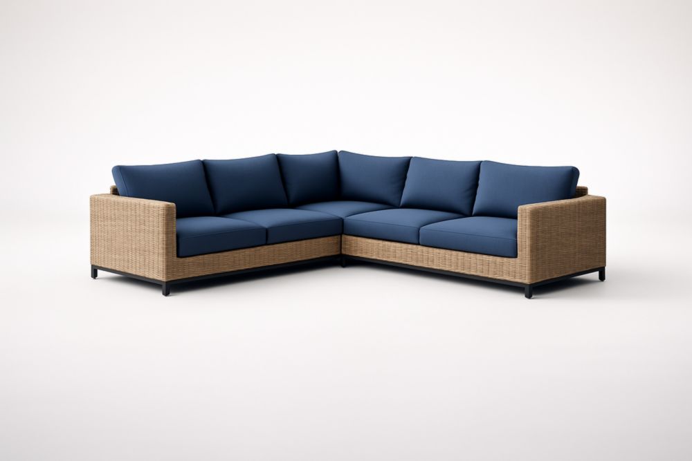 Divano ad angolo da giardino in rattan con cuscini in polipropilene blu-Nesthavenx