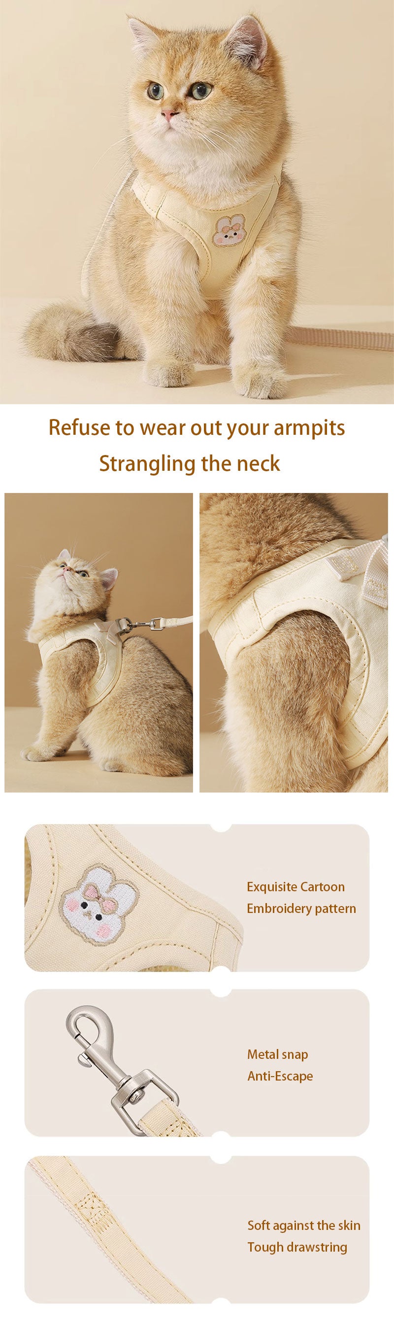 Rabbit Embroidered Cat Leash Set Rice-white Kitty Harness