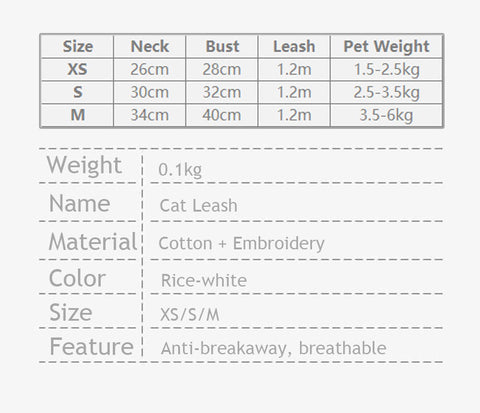 Embroidered Cat Leash Set Rice-white Kitty Harness
