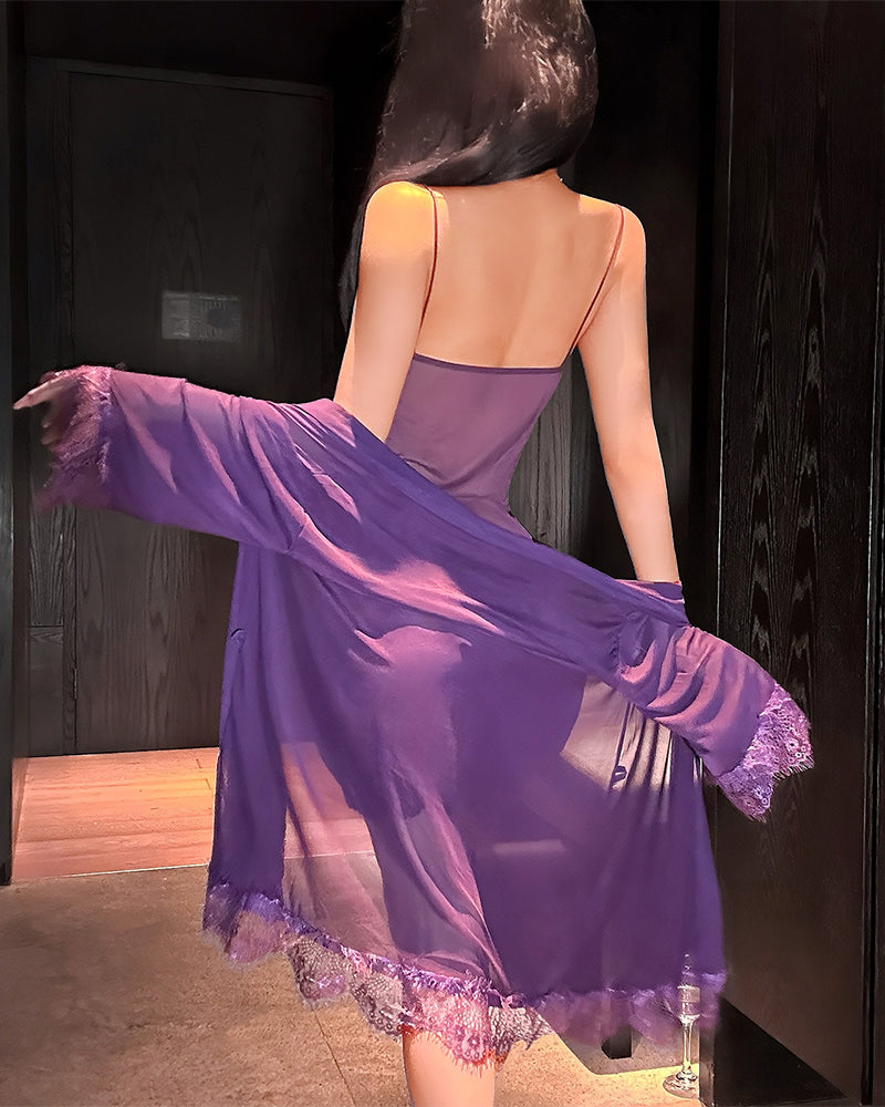 🌺 Луксозен дамски комплект за спане от фина дантелена мрежа – лек, съблазнителен и елегантен