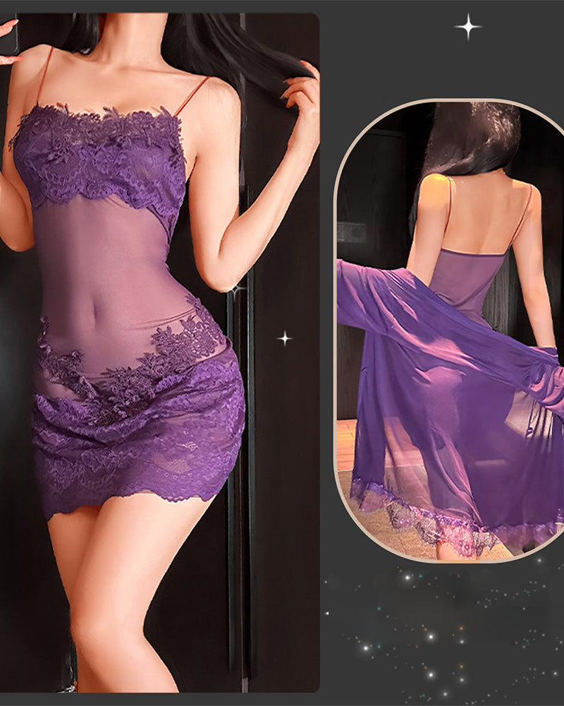 🌺 Луксозен дамски комплект за спане от фина дантелена мрежа – лек, съблазнителен и елегантен