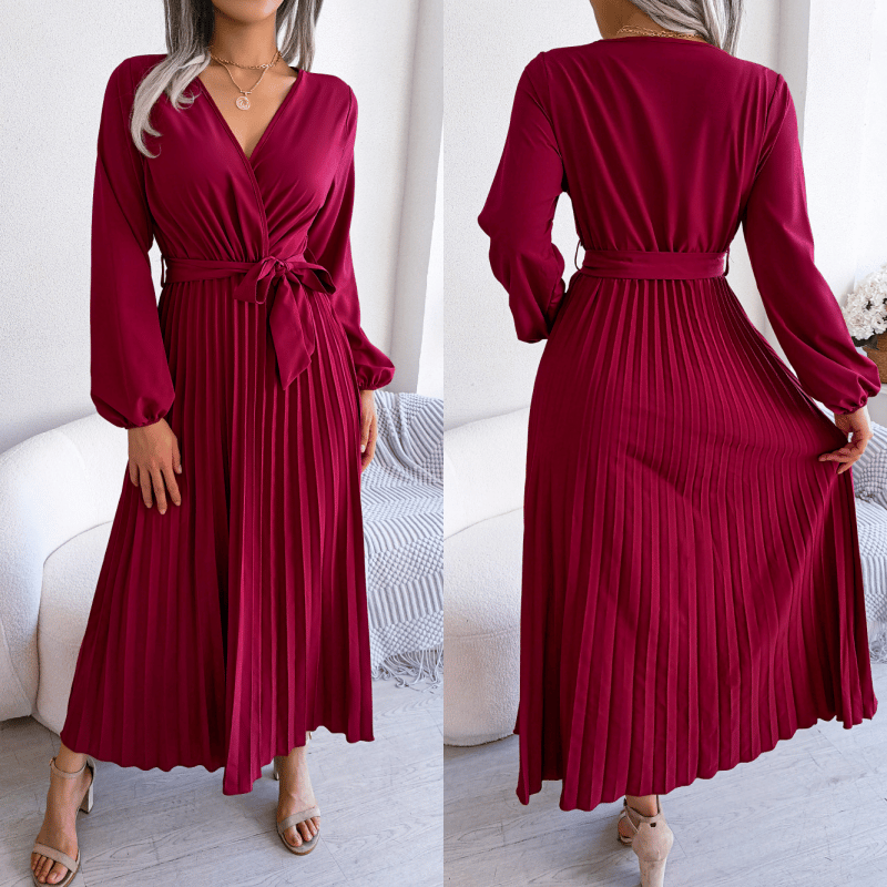 Дамска дълга, плисирана, прехлупена рокля с връзка