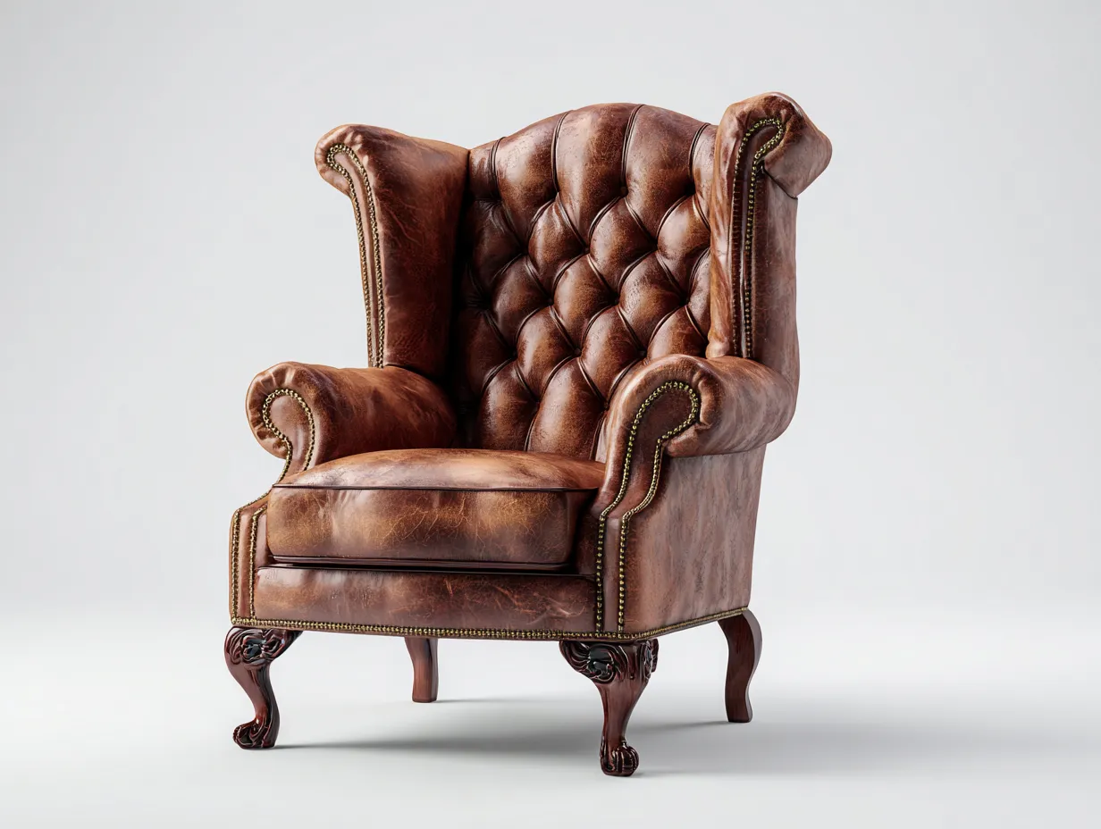 Poltrona a orecchioni-Pelle-Legno-88x92x108 cm-Marrone-Stile classico-Denmyhome