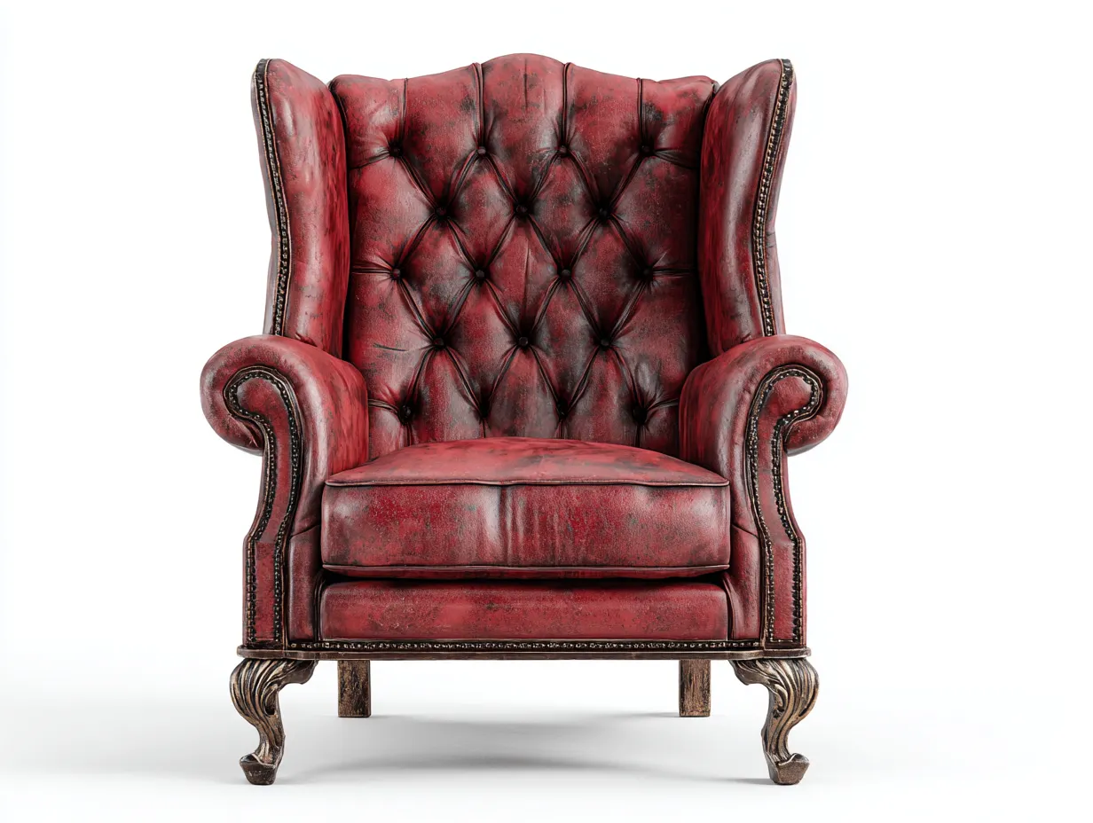 Poltrona a orecchioni-Pelle-Legno-93x98x116 cm-Rosso anticato-Stile classico-Denmyhome