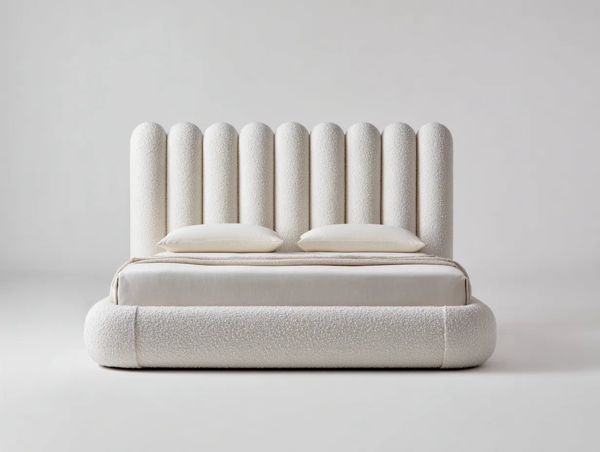 Letto matrimoniale - Tessuto-Legno - 218x172x122 cm - Bianco crema - Design contemporaneo morbido-Denmyhome