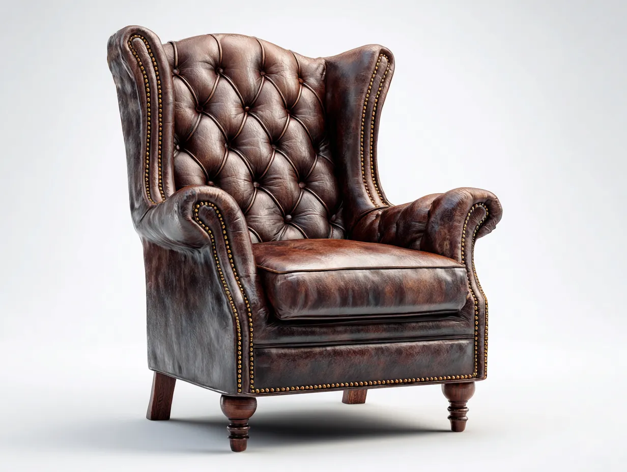 Poltrona a orecchioni-Pelle-Legno-90x93x113 cm-Marrone-Stile classico-Denmyhome