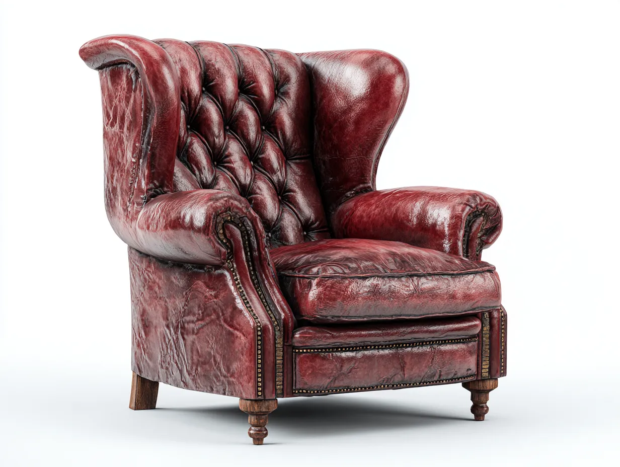 Poltrona a orecchioni-Pelle-Legno-95x100x118 cm-Rosso borgogna-Stile classico-Denmyhome