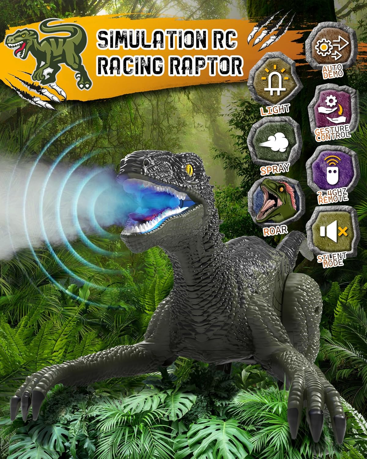  RC Dinosaur Car for Kids, Walking Dinosaur Toy with 2-in-1 Remote, Gesture-Sensing & Remote Control Dino Car with Light, Spray, Roaring Sound, Robot Dino Pet Toys Gift for Boys Girls