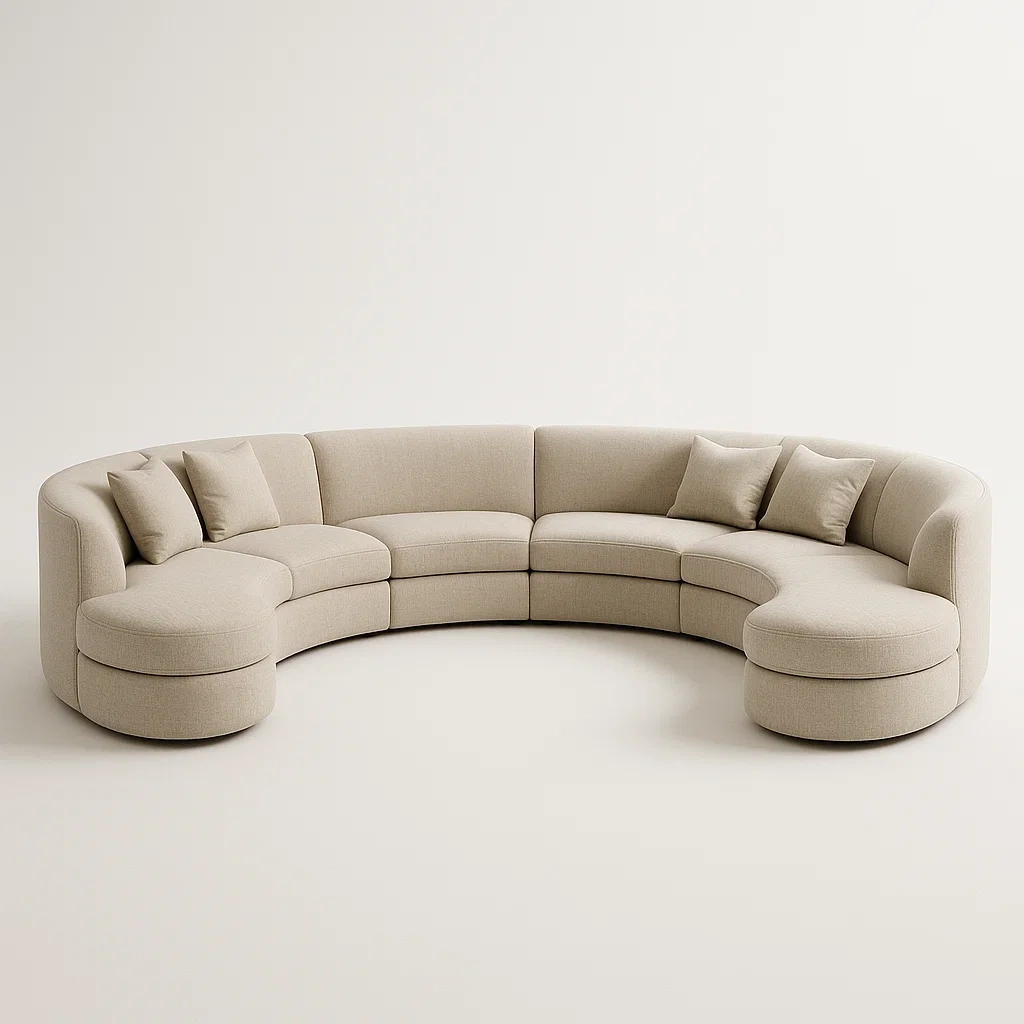 Divano panoramico modulare semicircolare in tessuto beige con cuscini - BELLOINTERIOR