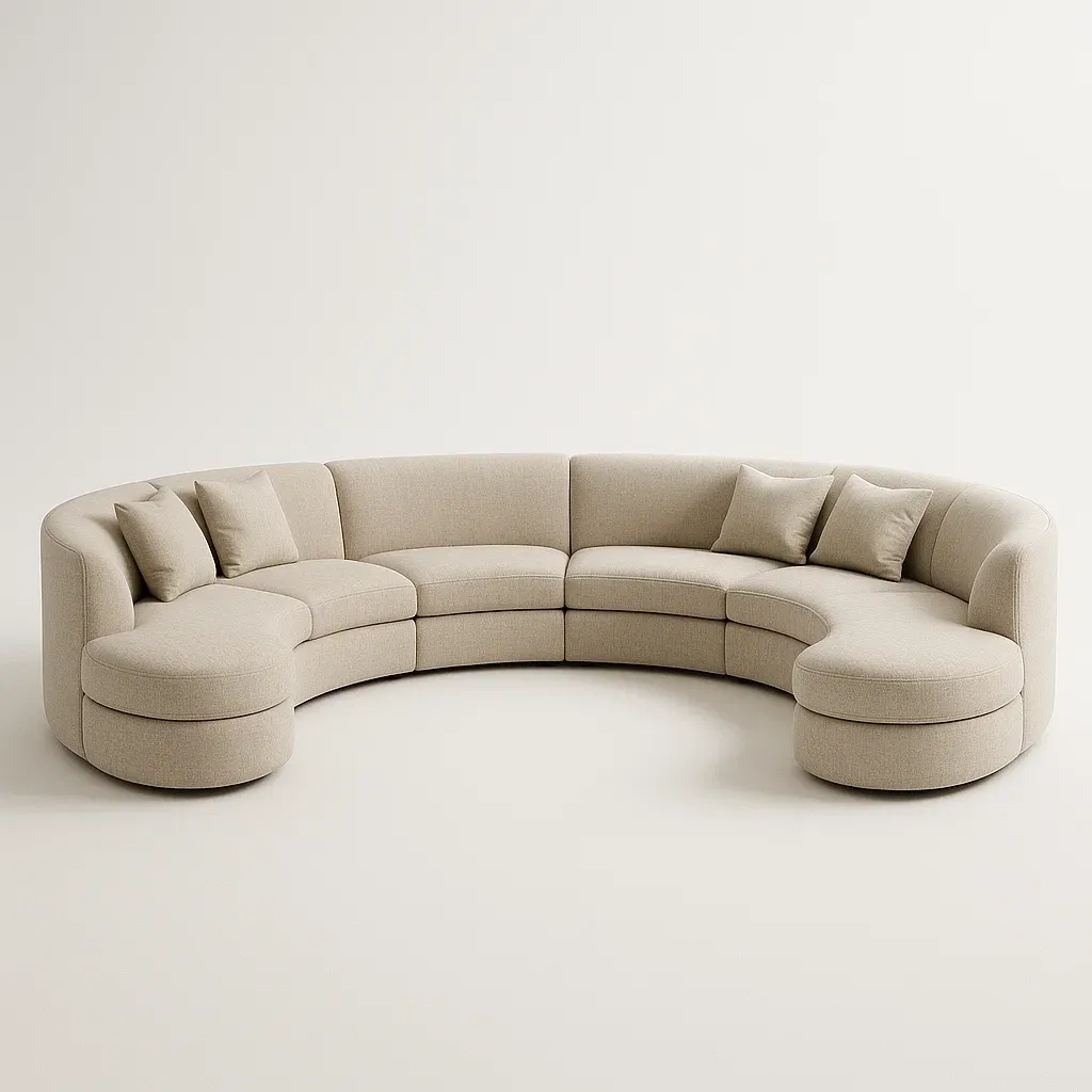 Divano panoramico modulare semicircolare in tessuto beige con cuscini - BELLOINTERIOR