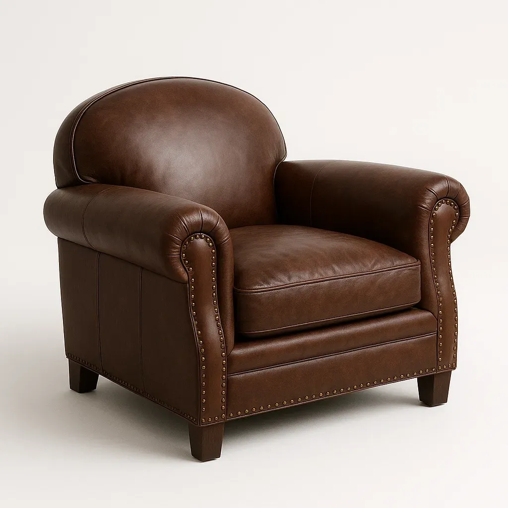 Poltrona in pelle sintetica marrone con struttura in legno massello - BELLOINTERIOR