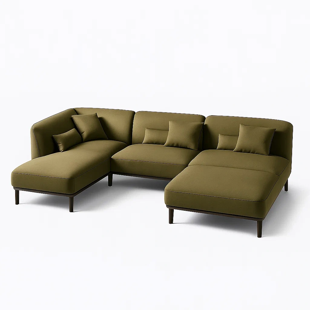 Divano panoramico a L in tessuto poliestere verde con cuscini - BELLOINTERIOR