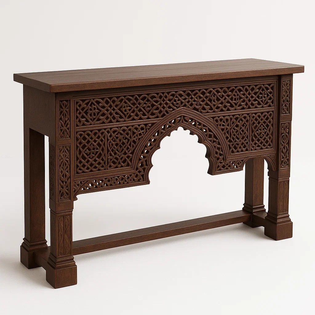 Consolle in legno massello con intagli geometrici marrone - BELLOINTERIOR