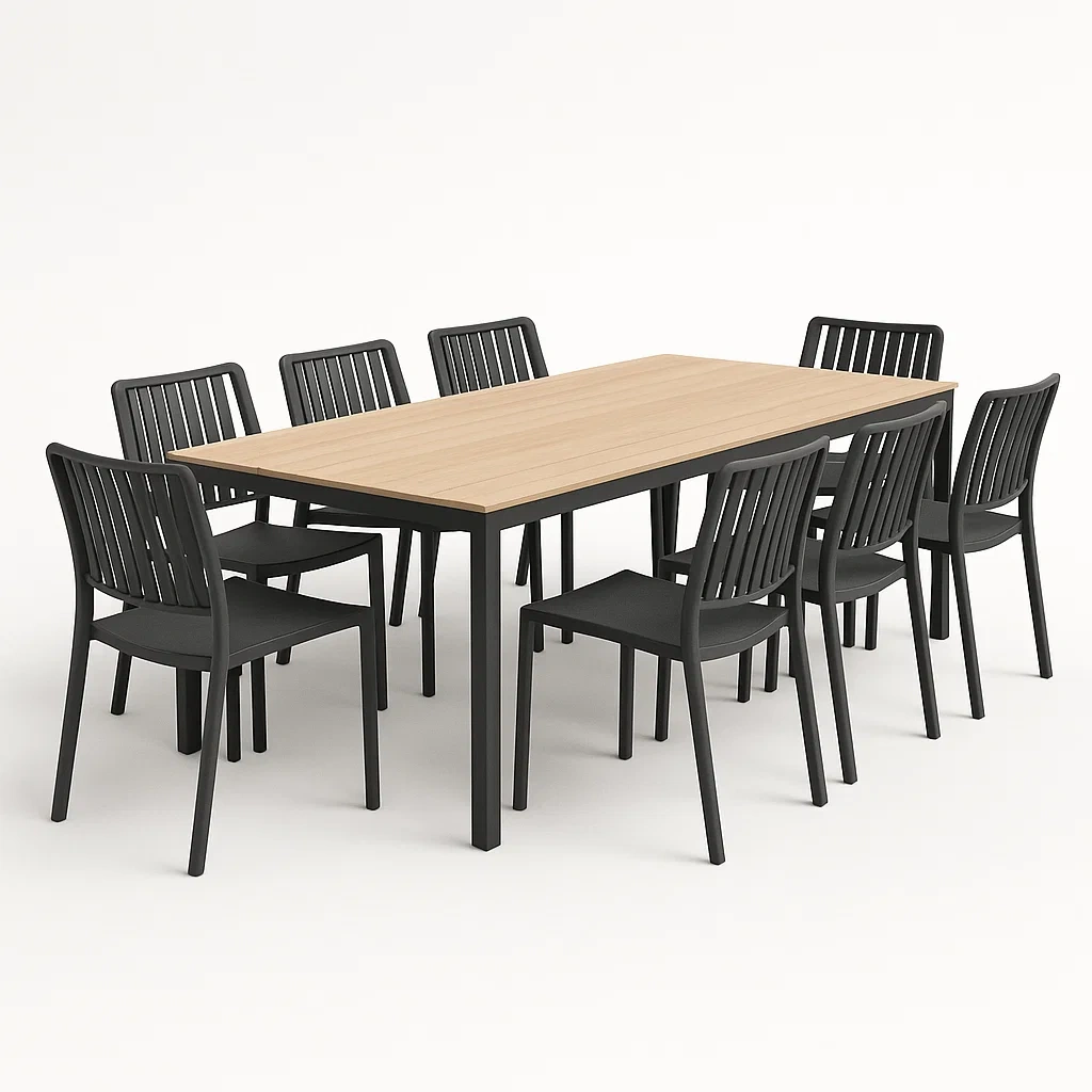 Set tavolo e sedia da giardino 9 pezzi in legno e metallo nero con tavolo rettangolare e 8 sedie - BELLOINTERIOR
