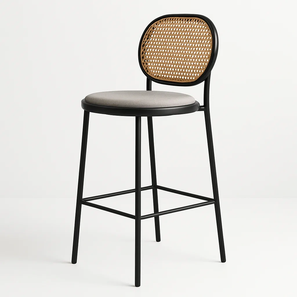 Sgabello da bar in metallo con seduta grigia imbottita e schienale in rattan - BELLOINTERIOR