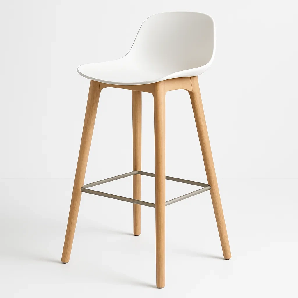 Sgabello alto in plastica bianca e legno con poggiapiedi in metallo - BELLOINTERIOR