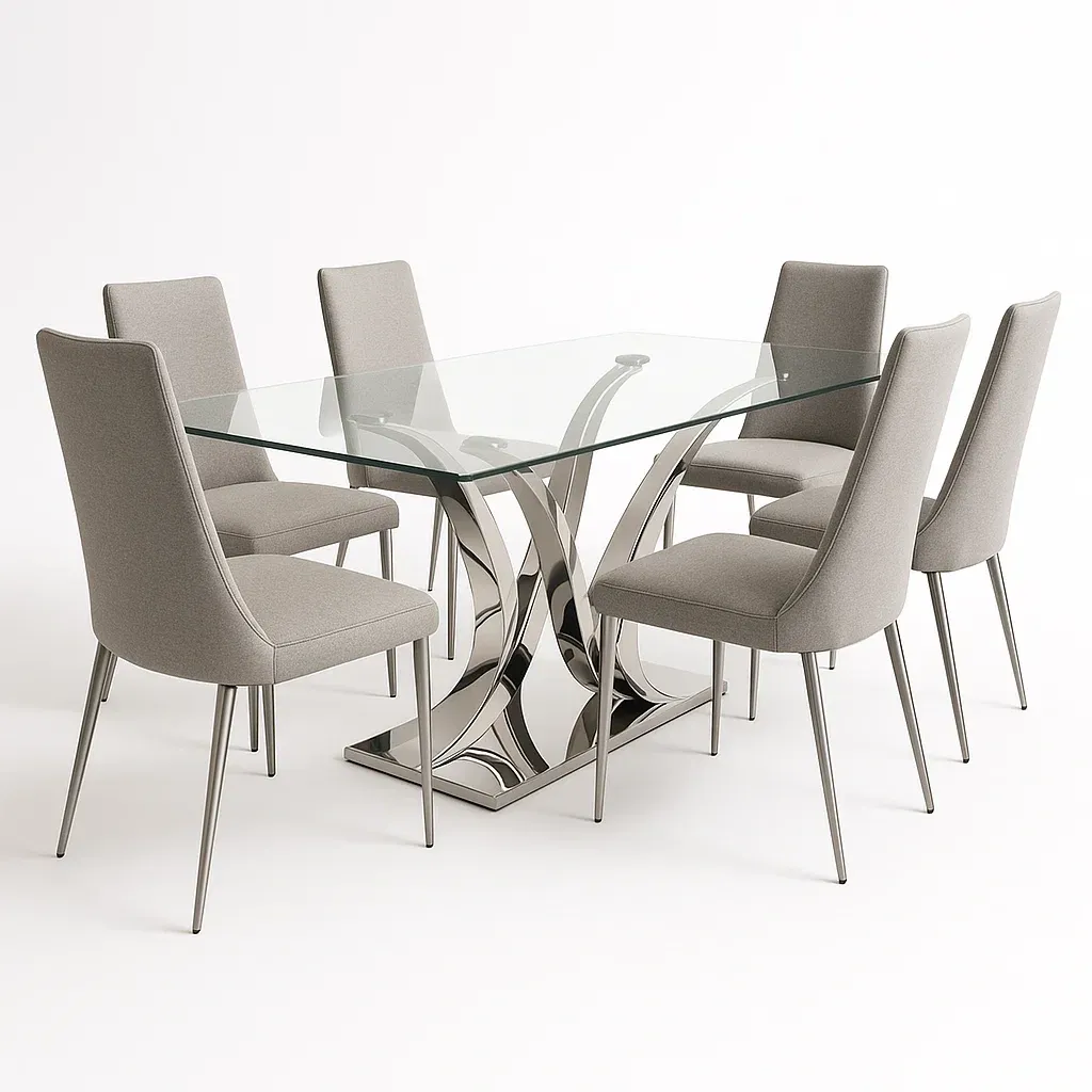 Set tavolo e sedia da interno 7 pezzi in vetro temperato e acciaio con 6 sedie in tessuto grigio - BELLOINTERIOR