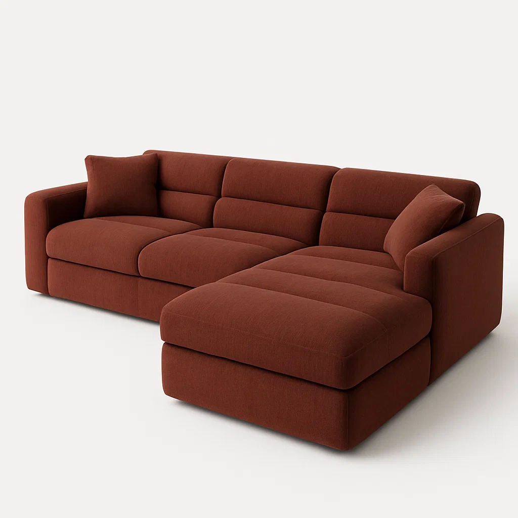 Divano angolare in tessuto marrone con chaise longue - BELLOINTERIOR