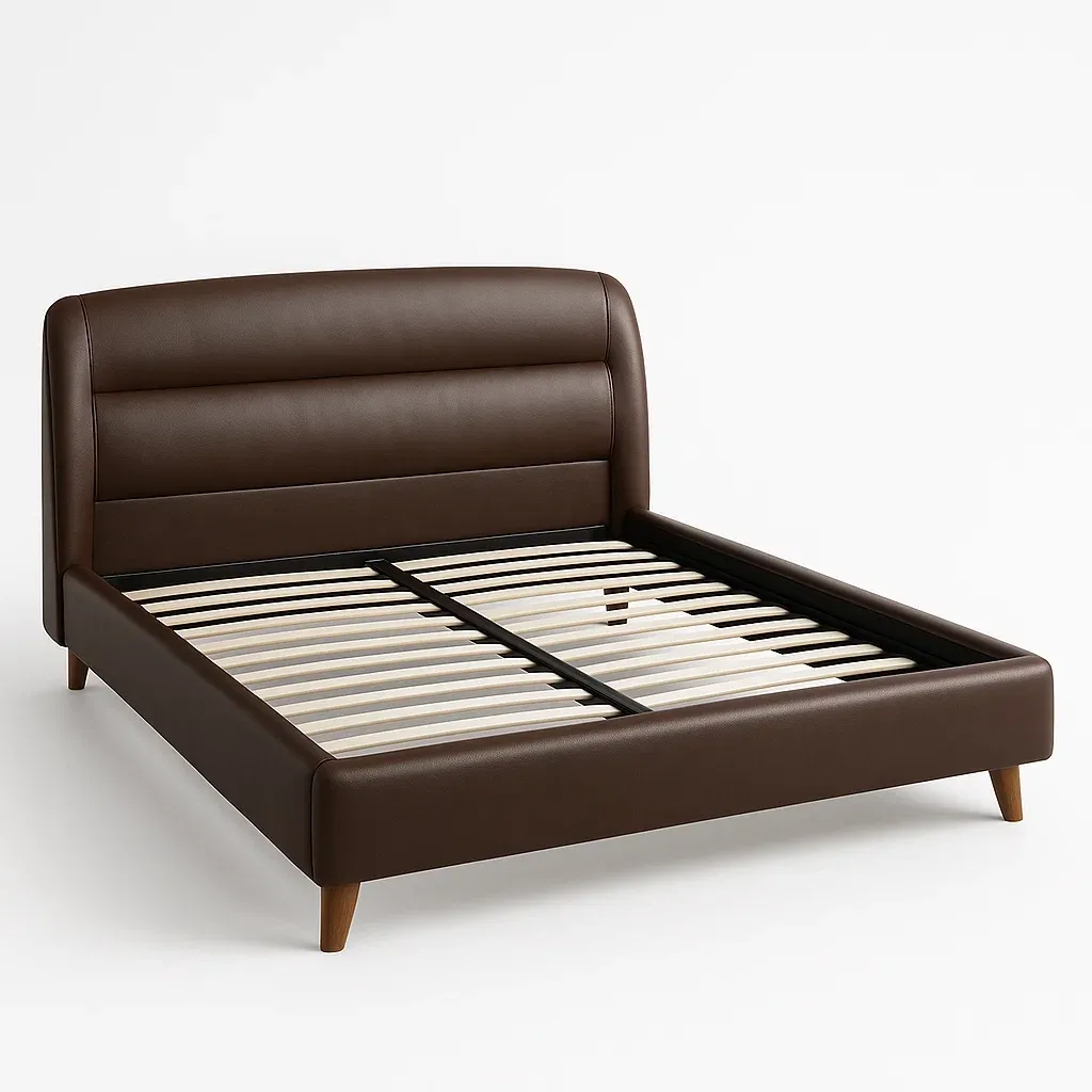 Letto matrimoniale con testiera in pelle sintetica marrone - BELLOINTERIOR