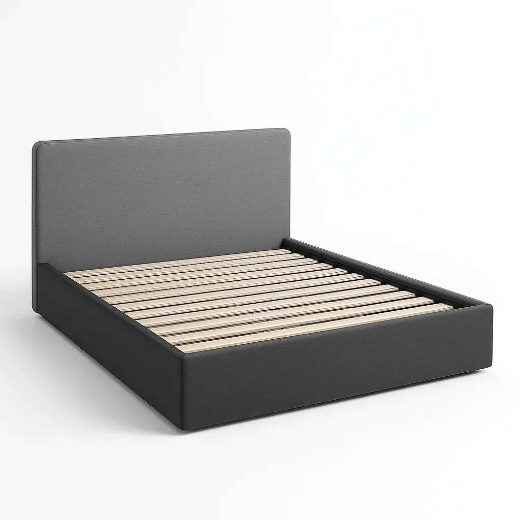 Letto matrimoniale con struttura in legno e rivestimento in tessuto grigio - BELLOINTERIOR