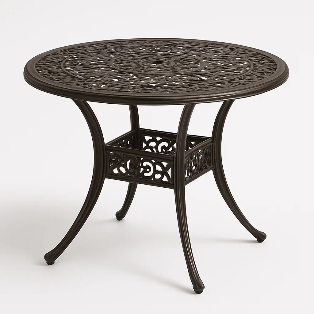 Tavolino da giardino rotondo in metallo traforato marrone - BELLOINTERIOR