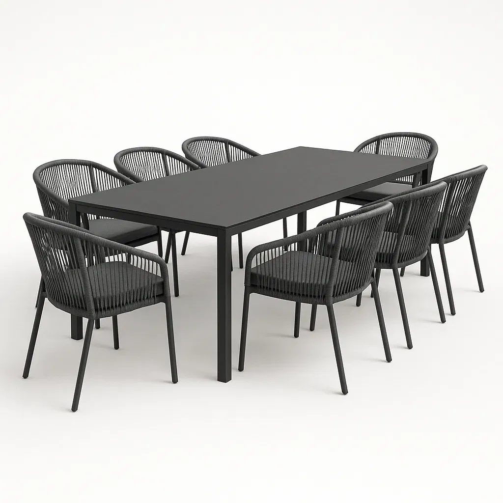 Set tavolo e sedia da giardino 9 pezzi in alluminio e corda nero con tavolo rettangolare e 8 sedie - BELLOINTERIOR