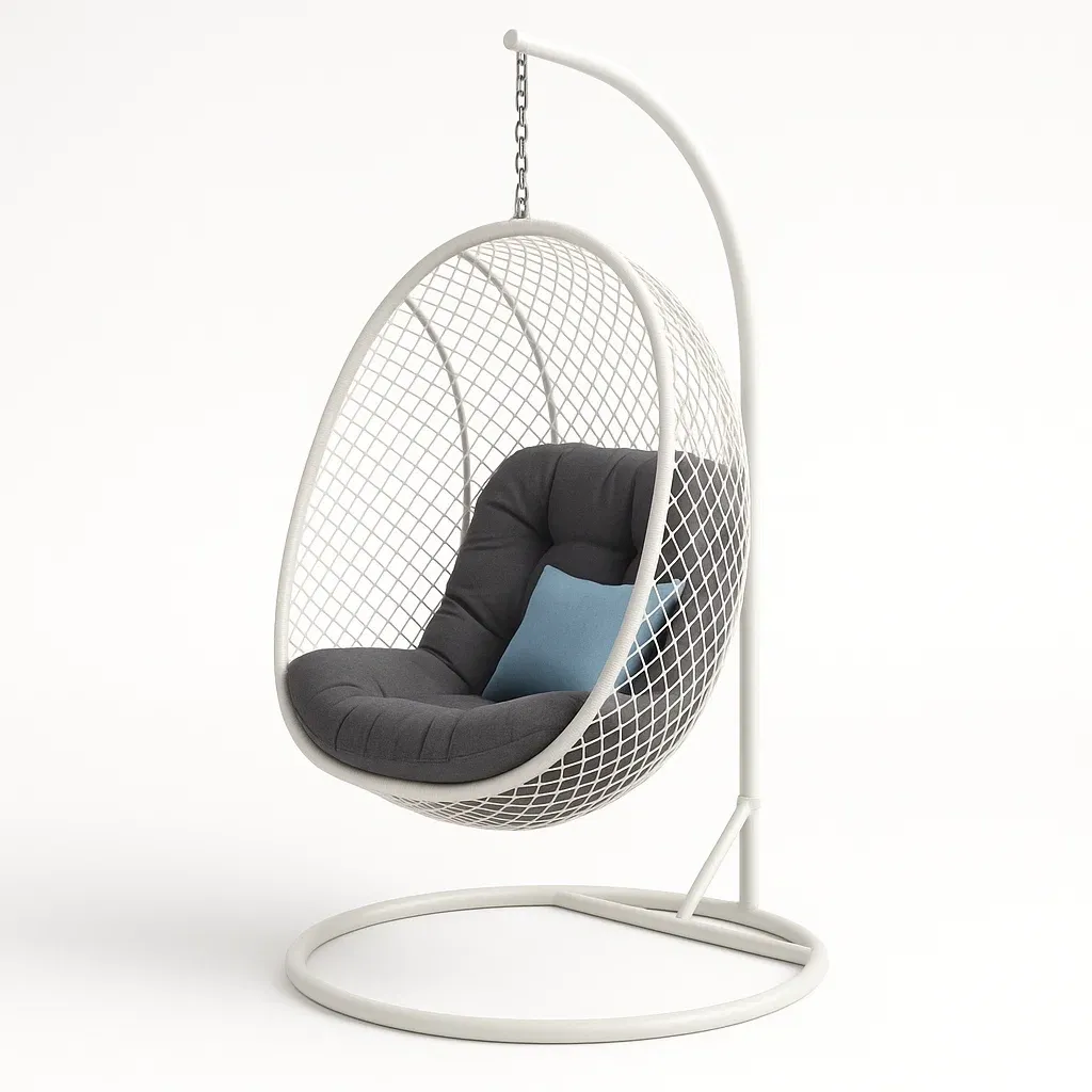 Poltrona sospesa a uovo in metallo bianco con cuscino in poliestere grigio e blu - BELLOINTERIOR