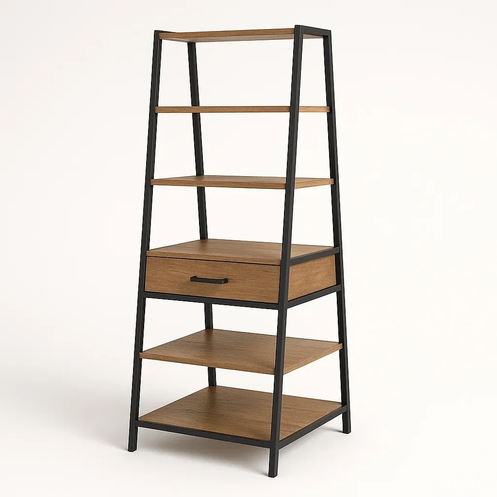 Scaffale in legno e metallo con cassetto marrone e nero - BELLOINTERIOR