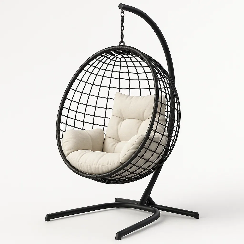 Sedia sospesa in metallo nero con cuscini beige in cotone - BELLOINTERIOR