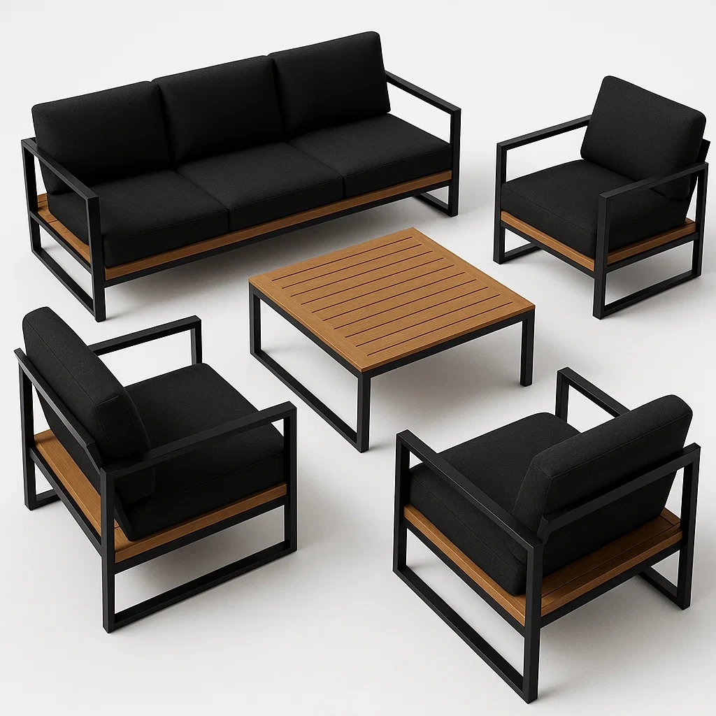 Set di divano da giardino 5 pezzi in metallo e legno nero/marrone - BELLOINTERIOR