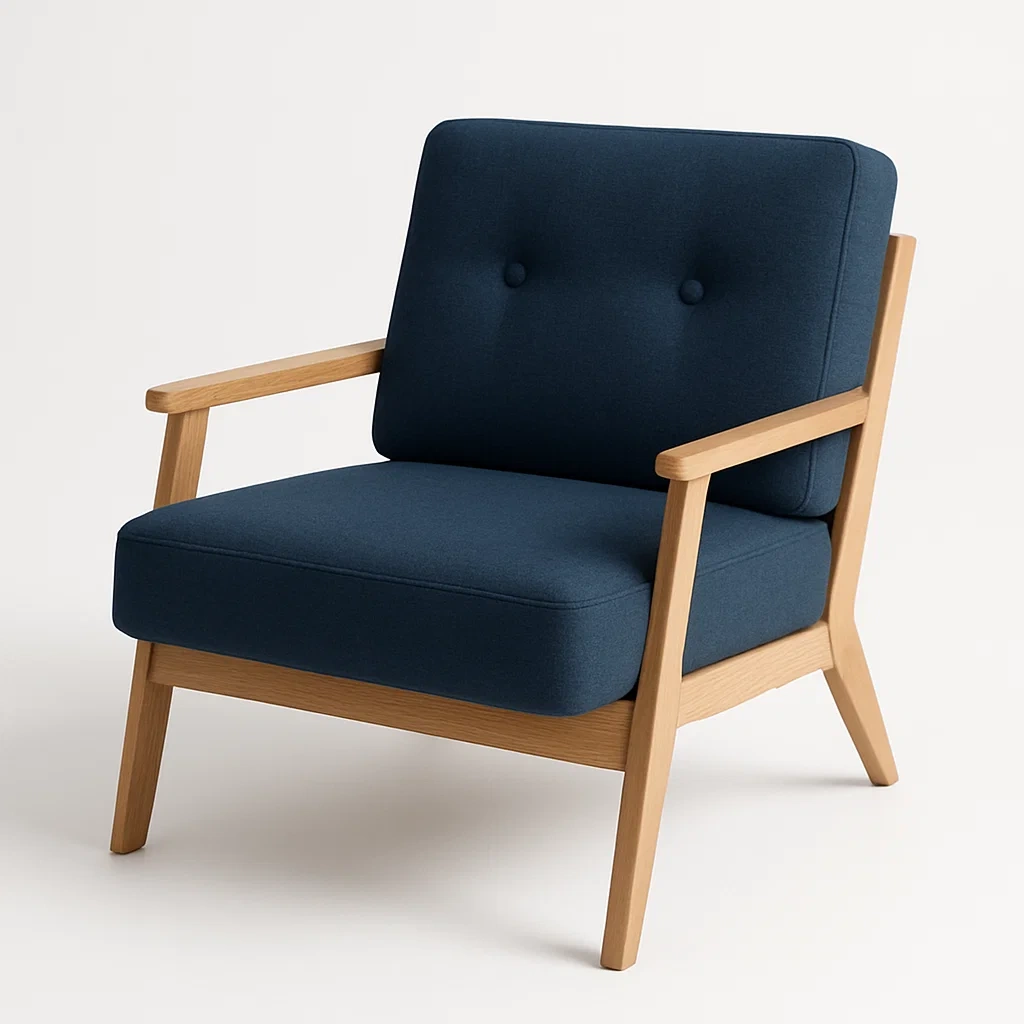 Poltrona in poliestere blu scuro con telaio in legno di quercia - BELLOINTERIOR
