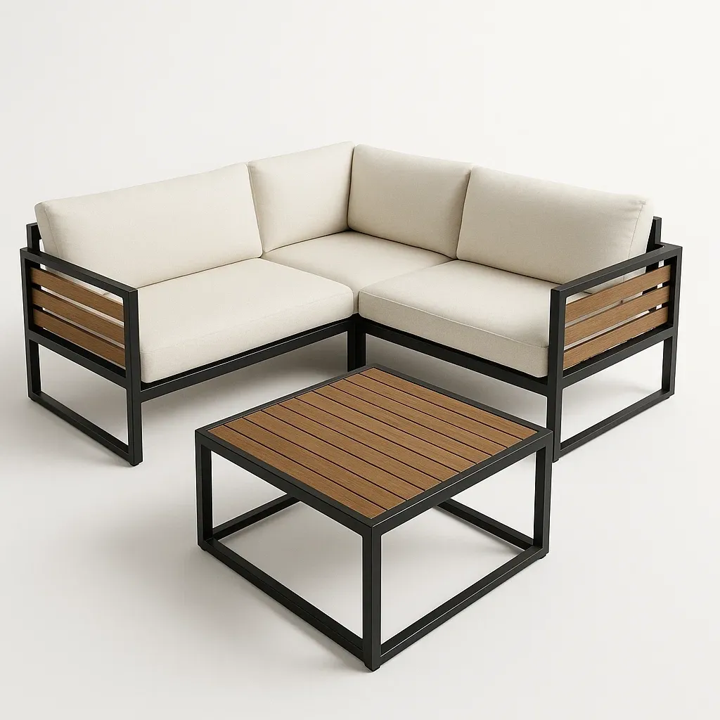 Set di divano da giardino angolare 2 pezzi in legno e alluminio con cuscini crema - BELLOINTERIOR