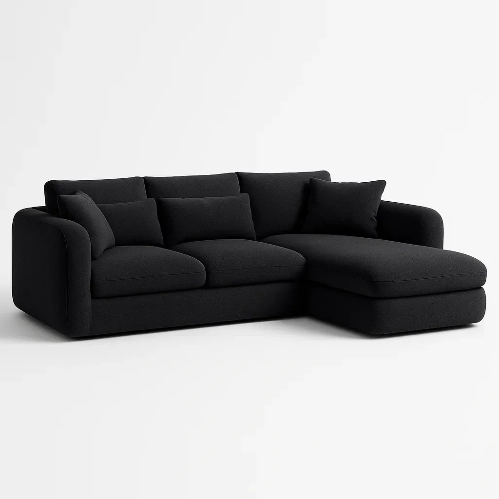 Divano angolare in tessuto nero con cuscini inclusi - BELLOINTERIOR