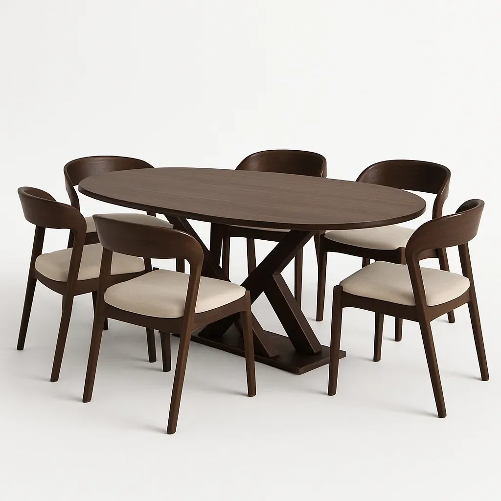 Set tavolo e sedia da interno 7 pezzi ovale in legno con 6 sedie marrone e tessuto crema - BELLOINTERIOR