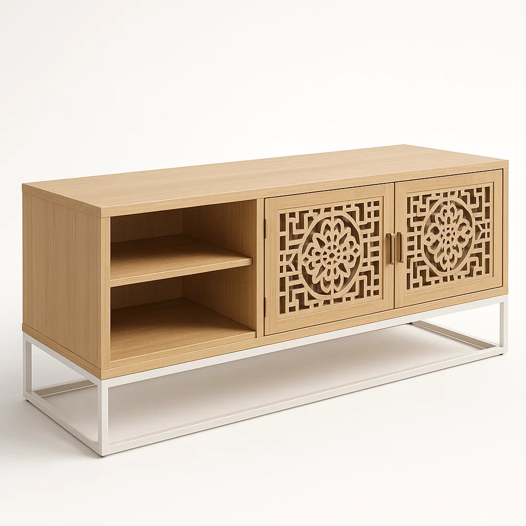 Mobile TV in legno di rovere chiaro con porte intagliate e struttura in metallo bianco 120x40x60 cm - BELLOINTERIOR