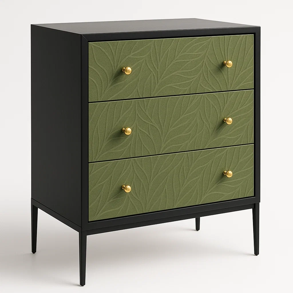 Cassettiera a tre cassetti con frontali incisi verde e struttura in MDF nero - BELLOINTERIOR