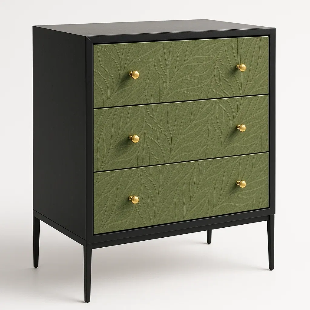 Cassettiera a tre cassetti con frontali incisi verde e struttura in MDF nero - BELLOINTERIOR