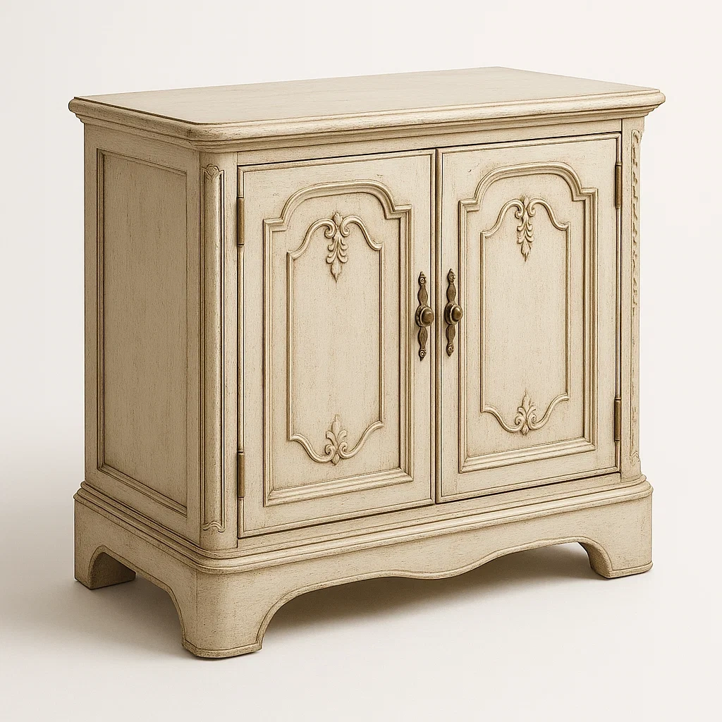 Credenza in legno massello beige con decorazioni intagliate e due ante - BELLOINTERIOR