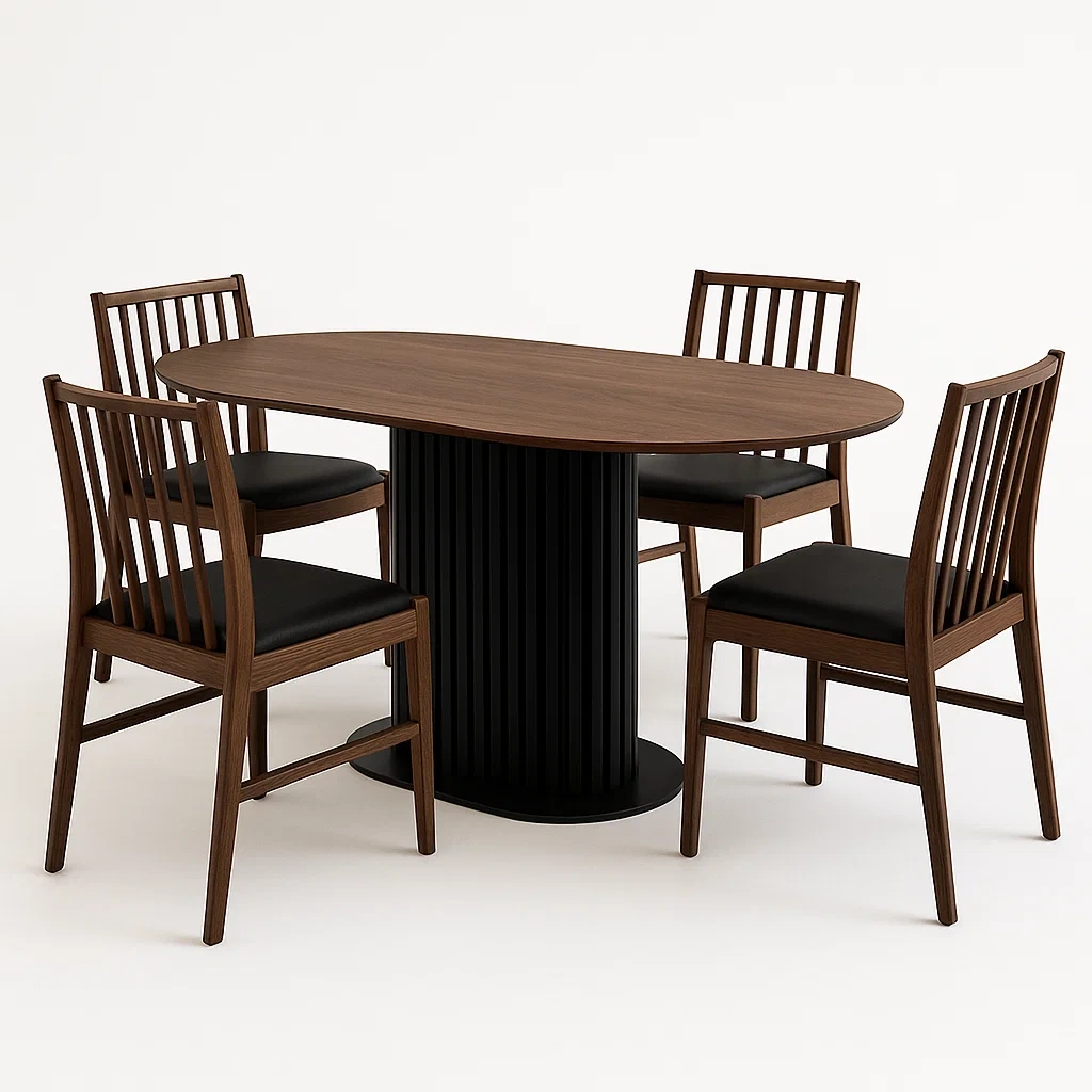 Set tavolo e sedia da interno 5 pezzi ovale in legno noce con 4 sedie in legno e pelle sintetica nera - BELLOINTERIOR