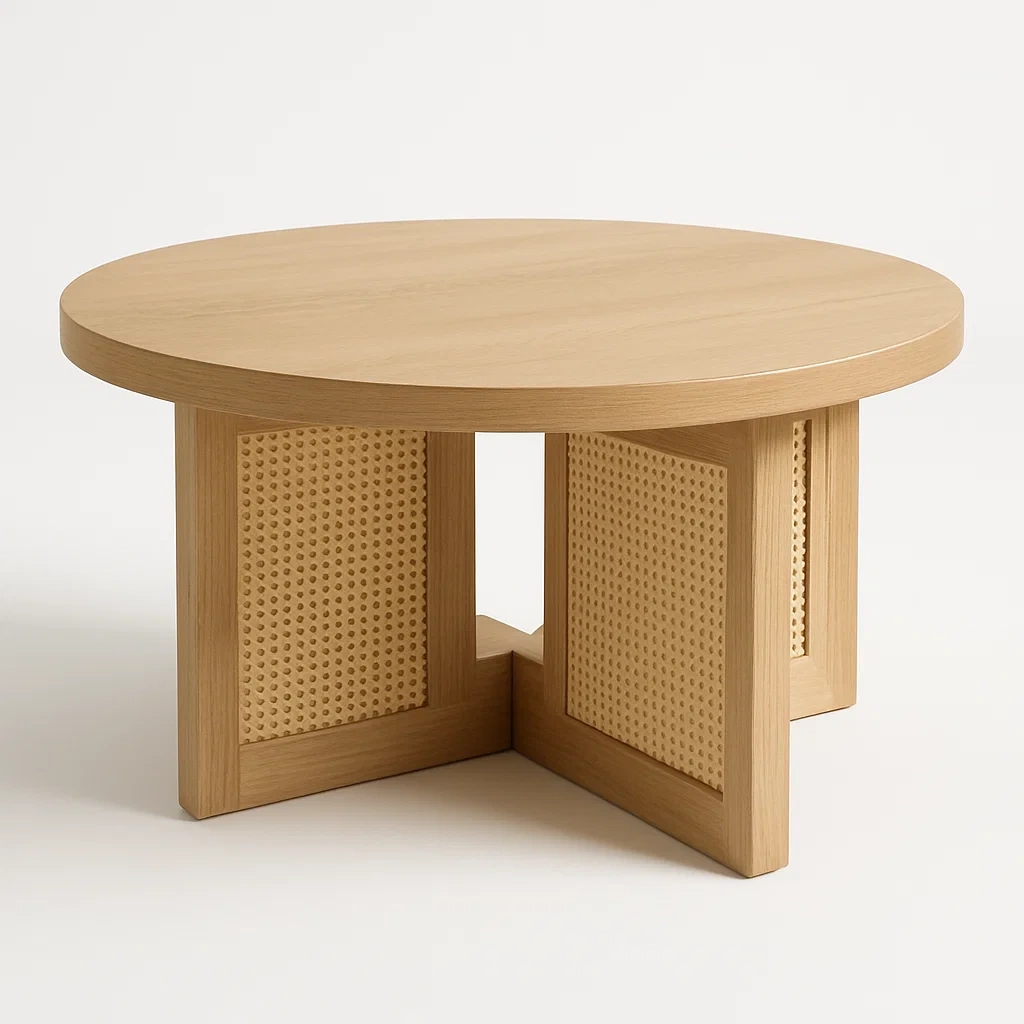 Tavolino da caffè rotondo in legno e rattan naturale - BELLOINTERIOR