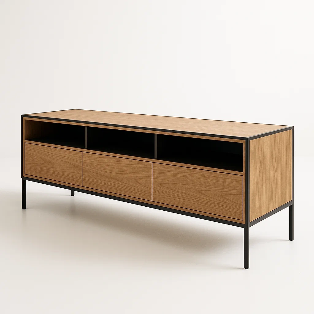 Mobile TV in legno di quercia e metallo nero con cassetti e ripiani 150x40x55 cm - BELLOINTERIOR