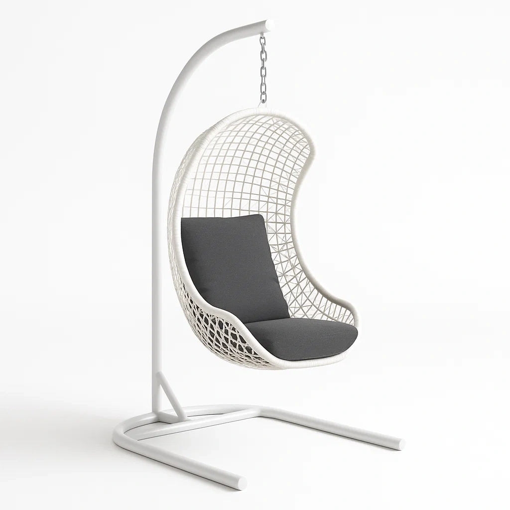 Poltrona sospesa in acciaio e rattan bianco con cuscino grigio - BELLOINTERIOR