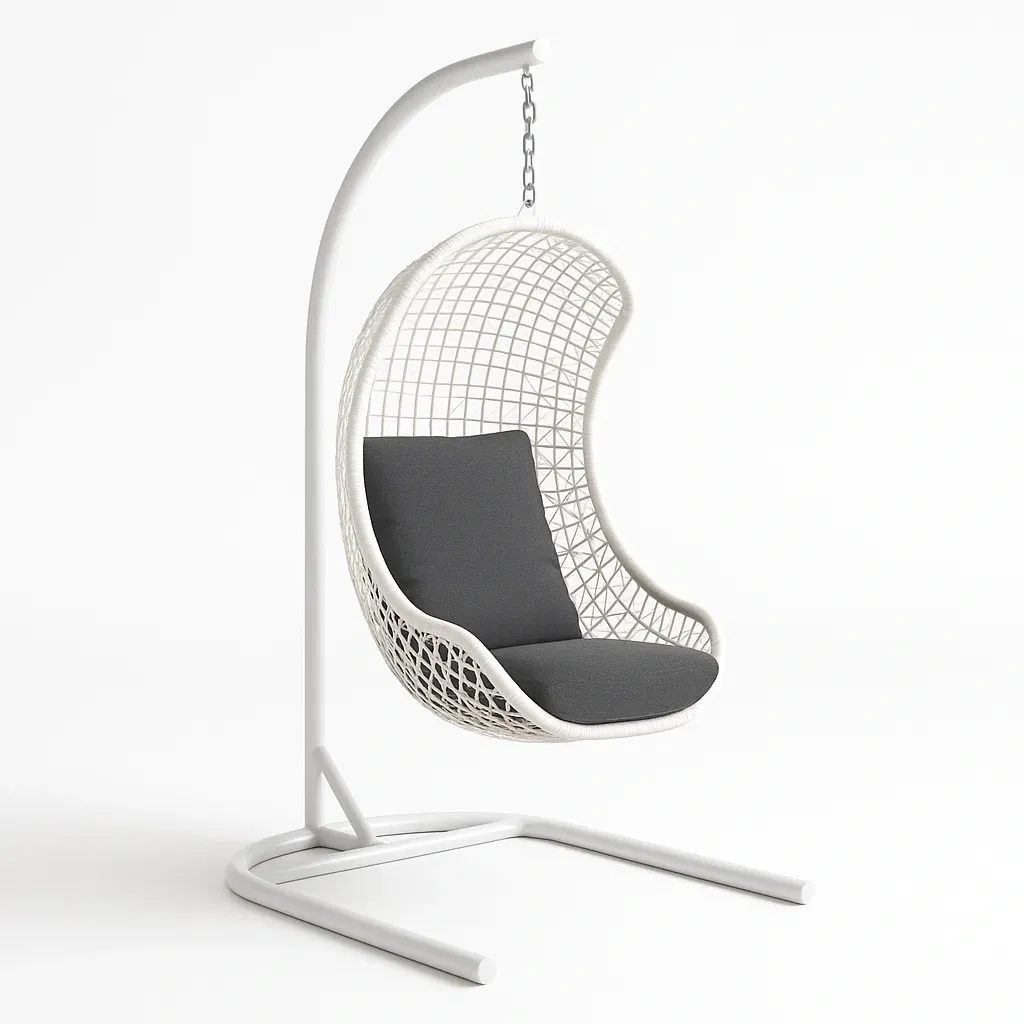 Poltrona sospesa in acciaio e rattan bianco con cuscino grigio - BELLOINTERIOR