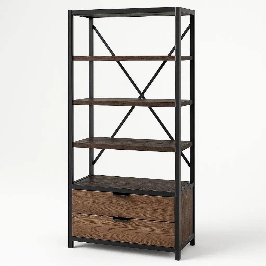 Libreria in metallo e legno con ripiani e cassetti marrone/nero - BELLOINTERIOR