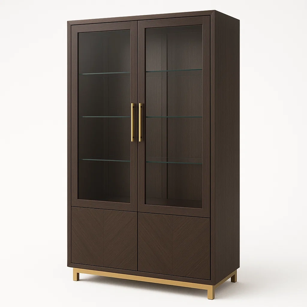 Vetrina in legno e vetro temperato marrone con dettagli in ottone - BELLOINTERIOR