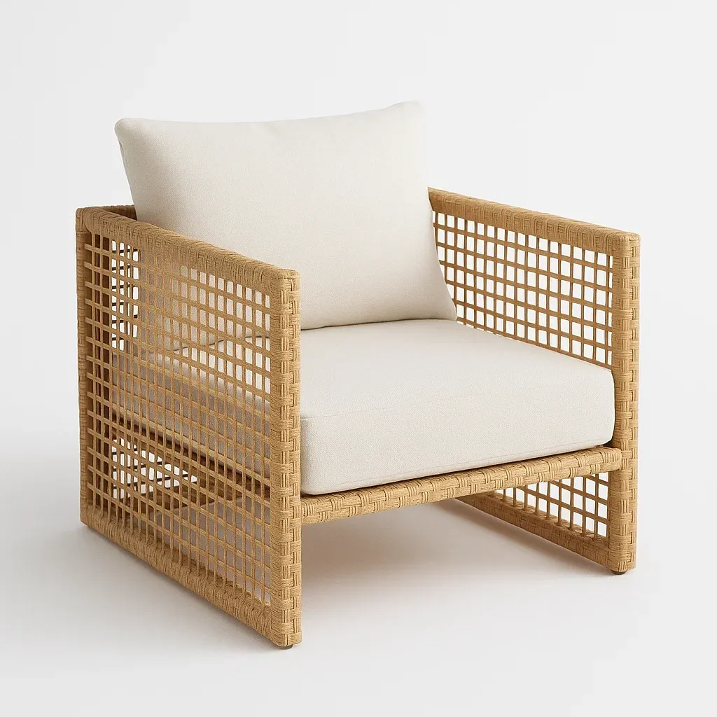 Poltrona da giardino in rattan sintetico in PE con cuscini beige - BELLOINTERIOR